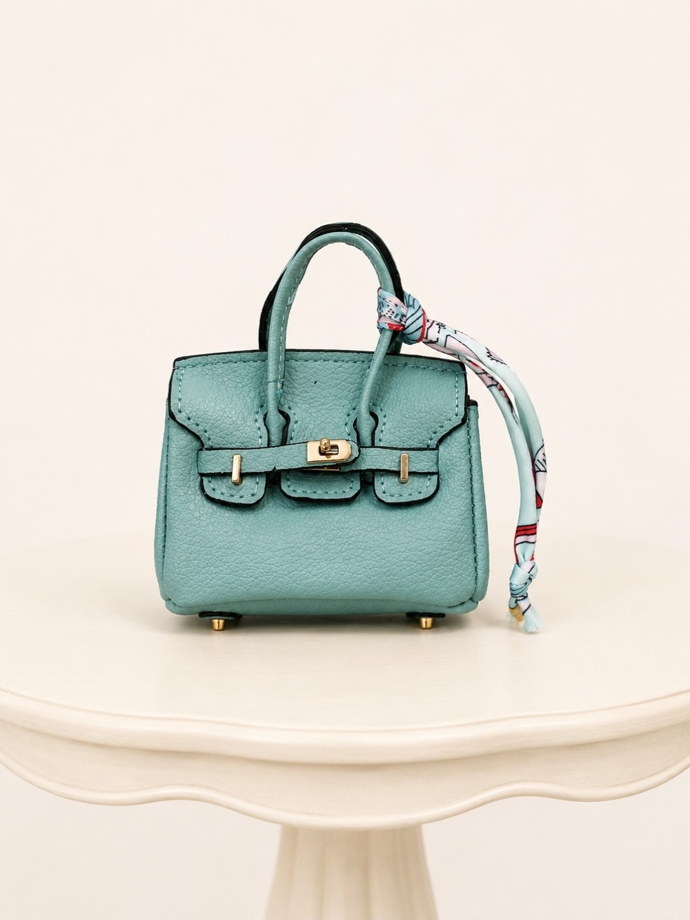 Luxury Turquoise Leather Mini Top-Handle Bag with Scarf Accent Charm